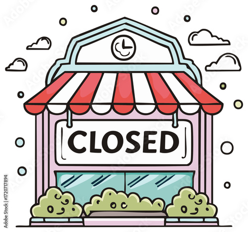 Cartoon Shop Facade Closed Illustration with Awning and Plants