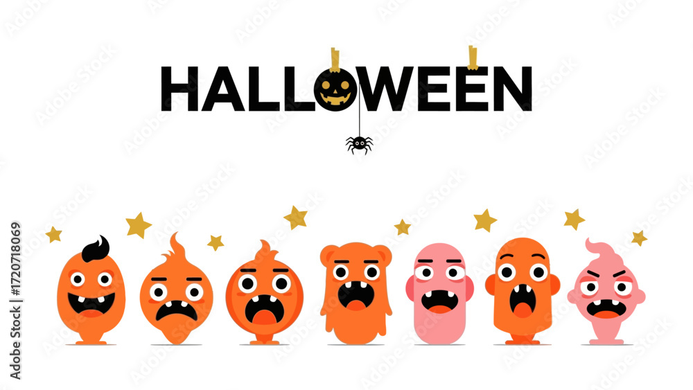 Fototapeta premium Spooky Halloween Monsters: A gathering of whimsical, cartoonish Halloween monsters display a range of emotions, surrounded by festive Halloween elements, evoking the spirit of All Hallows' Eve.