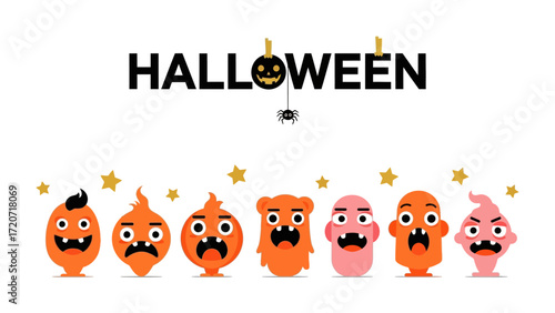 Spooky Halloween Monsters: A gathering of whimsical, cartoonish Halloween monsters display a range of emotions, surrounded by festive Halloween elements, evoking the spirit of All Hallows' Eve.