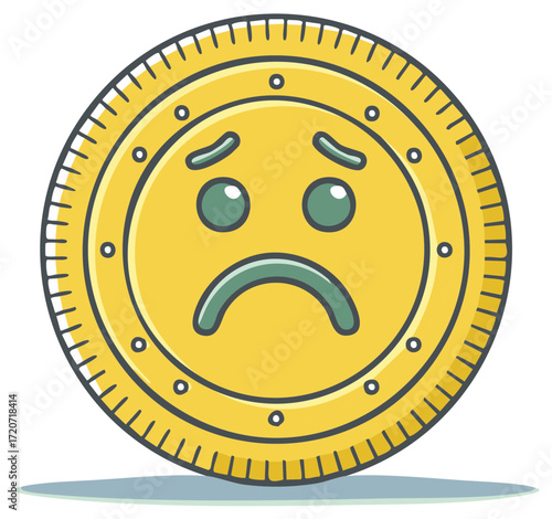 Animated Gold Coin with a Sad Face and Stylized Vector Illustration