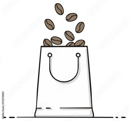 Coffee beans pouring into a paper bag. Illustration of a coffee shop icon.