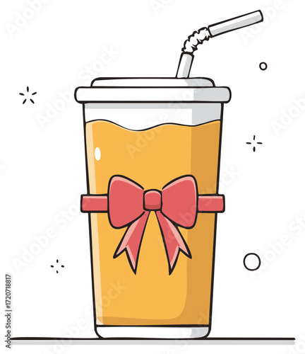 Cute Cartoon Drink in a Tall Cup with Red Gift Ribbon and Straw Festive Illustration