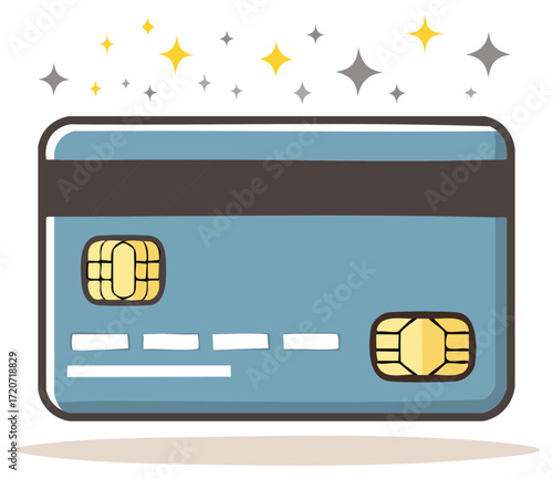 Cartoon credit card illustration with shimmering sparkles for financial themes