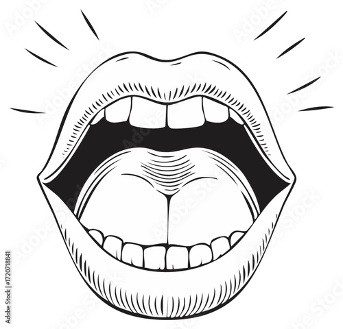 Open Mouth with Teeth, Tongue Illustration in Black and White