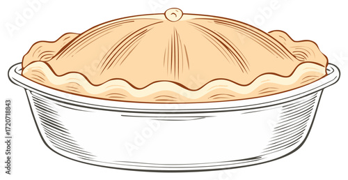 Classic baked golden brown pie with flaky crust in a baking dish illustration