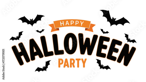 Spooky Halloween Party Invitation: Festive banner design features Happy Halloween Party text, complemented by silhouette bats, perfect for inviting friends and celebrating the autumn holiday. 