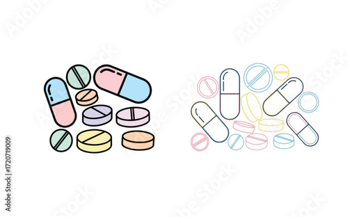 Pastel-colored pills and capsules, various shapes and sizes, medicine illustration.
