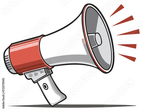 Vibrant red and white megaphone broadcasting sound waves for important announcement