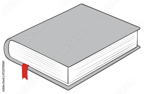 Vector illustration of a closed hardcover book with a blank grey cover and red bookmark