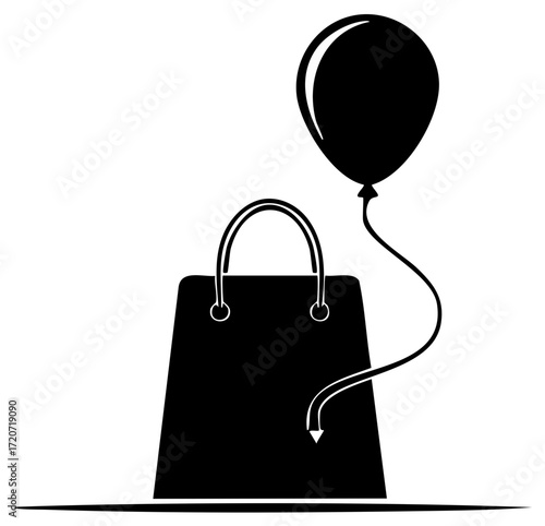 Black silhouette shopping bag and floating balloon icon for retail sales and festive gifts