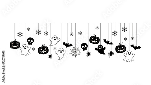 Halloween Decoration: Spooky collection of Halloween decorations features pumpkins, ghosts, bats, skulls and spider webs against an isolated setting. Capturing the essence of a haunting celebration. 