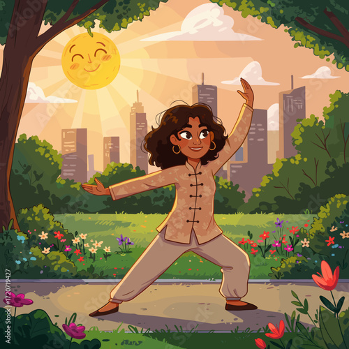 Girl practicing tai chi in sunny park with flowers and trees