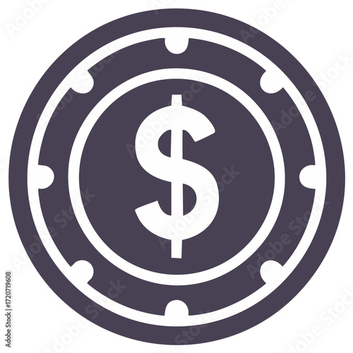 Vector icon of a casino chip with a dollar sign representing money and gambling