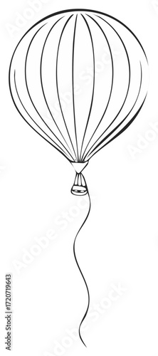 Outline drawing of a hot air balloon with a rope and a basket, illustration