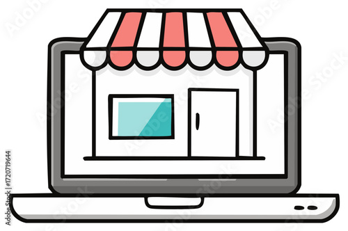 Laptop displaying a storefront with awning and display window, representing e-commerce