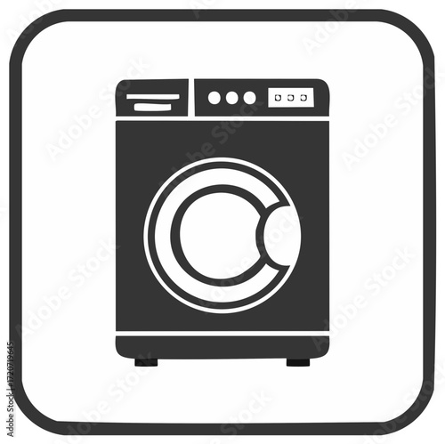 Black and white washing machine icon representing a household appliance for laundry and cleaning