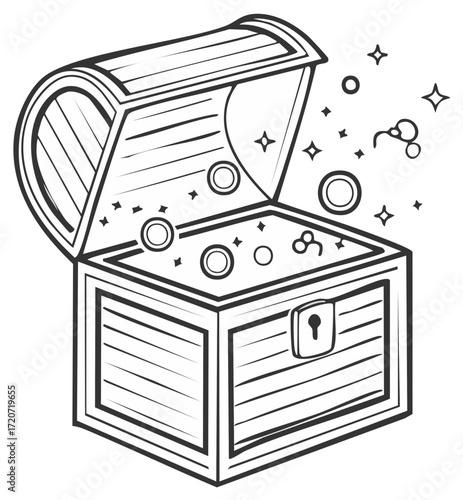 Line art illustration of an open treasure chest with sparkling gold coins and gems