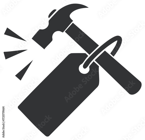 Hammer Hitting Price Tag or Label. Bargain, Deals, and Discounts