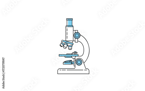 A minimalist, line-art illustration of a microscope with blue accents, presented against a clean white background.