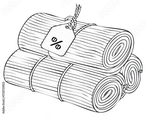 Stacked rolled wooden planks with attached sale tag