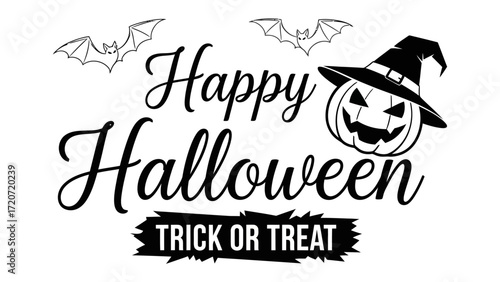 Happy Halloween: An Artistic Halloween illustration with Happy Halloween and Trick or Treat inscriptions in a fun, playful, and slightly spooky aesthetic. Featuring Bats and Pumpkin imagery. 