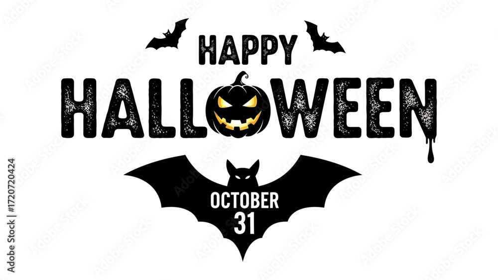Fototapeta premium Happy Halloween with Pumpkin and Bats: A festive Halloween design features a grinning jack-o'-lantern at the center.