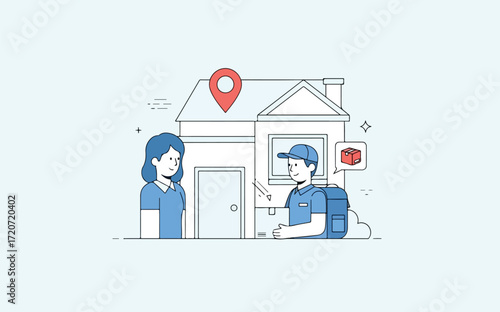 A delivery person hands a package to a woman in front of a house marked with a location pin, illustrating home delivery service.