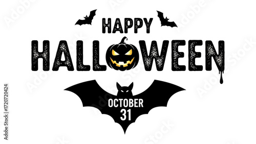 Happy Halloween with Pumpkin and Bats: A festive Halloween design features a grinning jack-o'-lantern at the center.