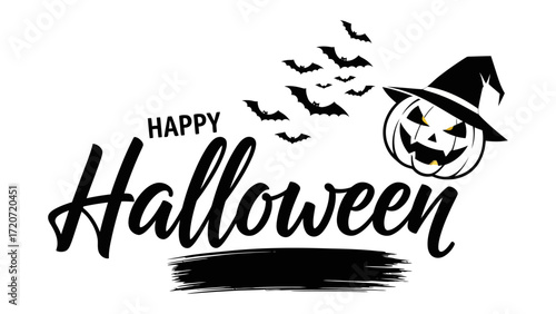 Happy Halloween Celebration: Festive illustration featuring Happy Halloween with a pumpkin, bat silhouettes, and witch hat, perfect for conveying the spirit of the holiday.