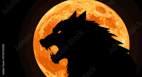 Wolf silhouette howling under a full orange moon at night  