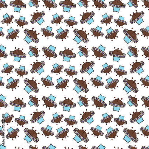 Pattern with doodle style of cartoon-style brown flying saucer with a grey rim featuring purple and dark grey circles, and a light blue cat-like head visible in its cockpit