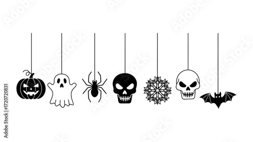 Hanging Halloween Symbols: A collection of whimsical black and white Halloween icons, each suspended delicately, evokes the eerie and playful spirit of the holiday.