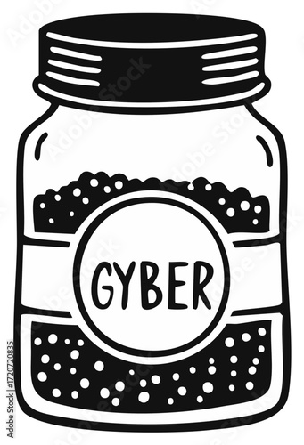 Glass Jar Filled with Small Granules, Labelled 'GYBER', Black and White Illustration