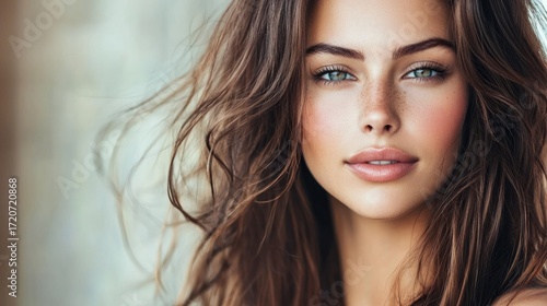 Wallpaper Mural A woman with long, wavy brown hair and freckles, wearing a white top, standing in front of a blurred background. Torontodigital.ca