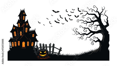 Spooky Halloween Night: A silhouette of a haunted house sits ominously on a hill, silhouetted against the dark sky. Bats flutter around a gnarled tree and a jack-o'-lantern.