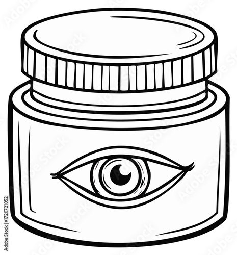 Esoteric potion jar with a mystic eye symbol black and white line art illustration