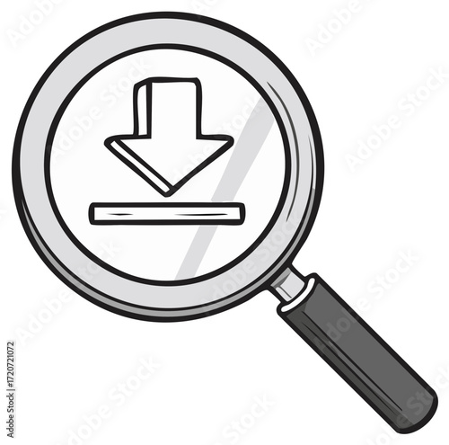 Magnifying Glass with Download Icon Represents Searching Files and Data Retrieval Process