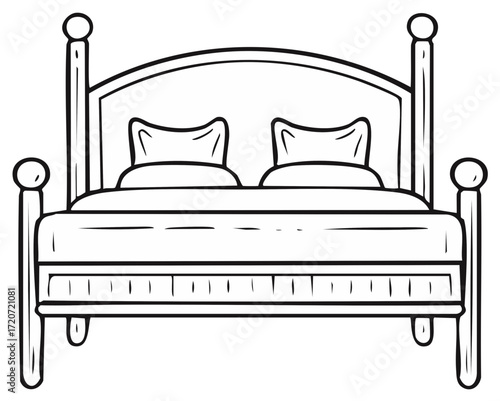 Line art drawing of a bed with pillows, classic bedroom furniture illustration for design and coloring books, cozy rest or nap
