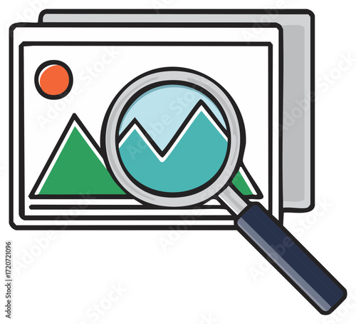 Magnifying Glass Examines Landscape Photos Stacked for Discovery