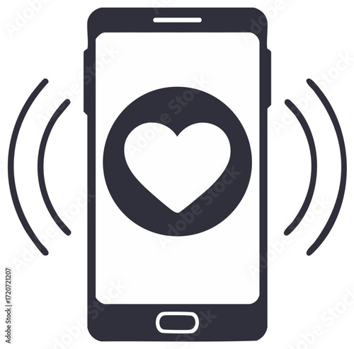 Mobile phone with heart icon and ringing waves communication notification alert