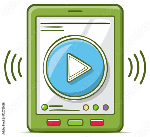 Animated media player with play button and sound waves on portable tablet device