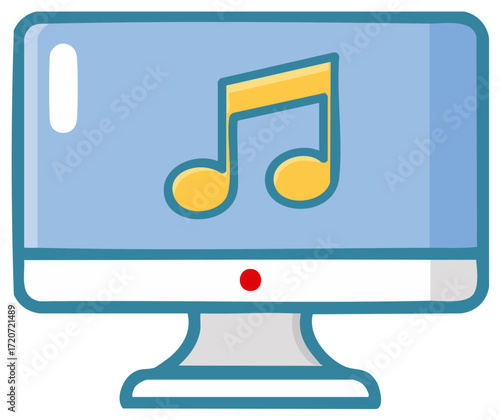 Cartoon Computer Displaying Yellow Music Notes Icon Application
