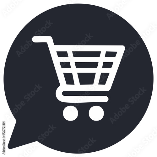 Shopping cart graphic element. Speech bubble with shopping trolley. Online business icon for ecommerce promotions.