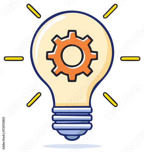 Illuminated light bulb with internal gear symbolizing a new idea or innovation