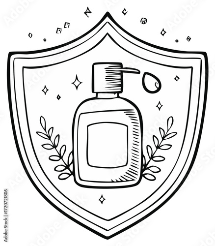 Hand sanitizer bottle emblem with laurel branches and sparkling elements doodle style