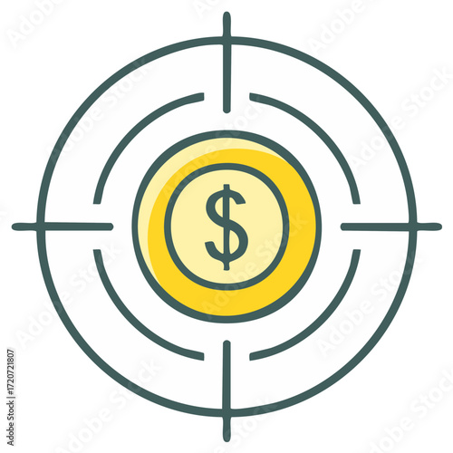 Aimed for Financial Goal: Illustration of a Coin with Dollar Sign in a Bullseye Target for Wealth and Savings
