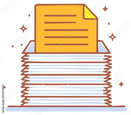 Cartoon illustration of a stack of paper documents and a single file