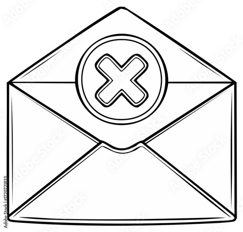 Hand drawn black and white envelope with a cross symbol in a circle indicating rejection or error