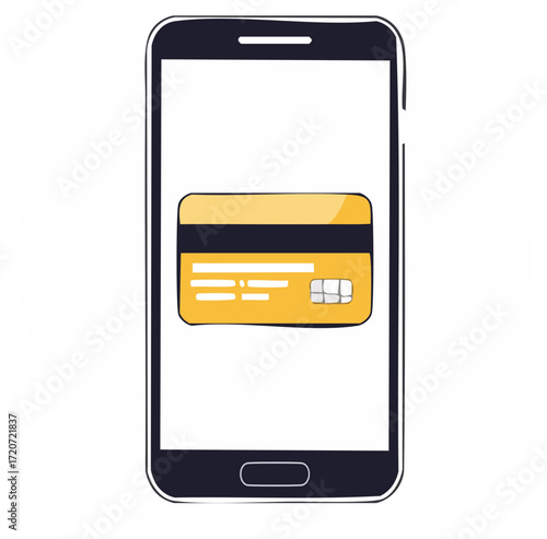 Mobile payment concept: Credit card on a smartphone. Online transaction, shopping, e-commerce.