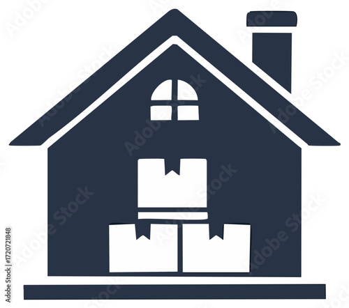 Stylized Silhouette of House with Chimney Featuring Shipping Boxes for Moving or Delivery